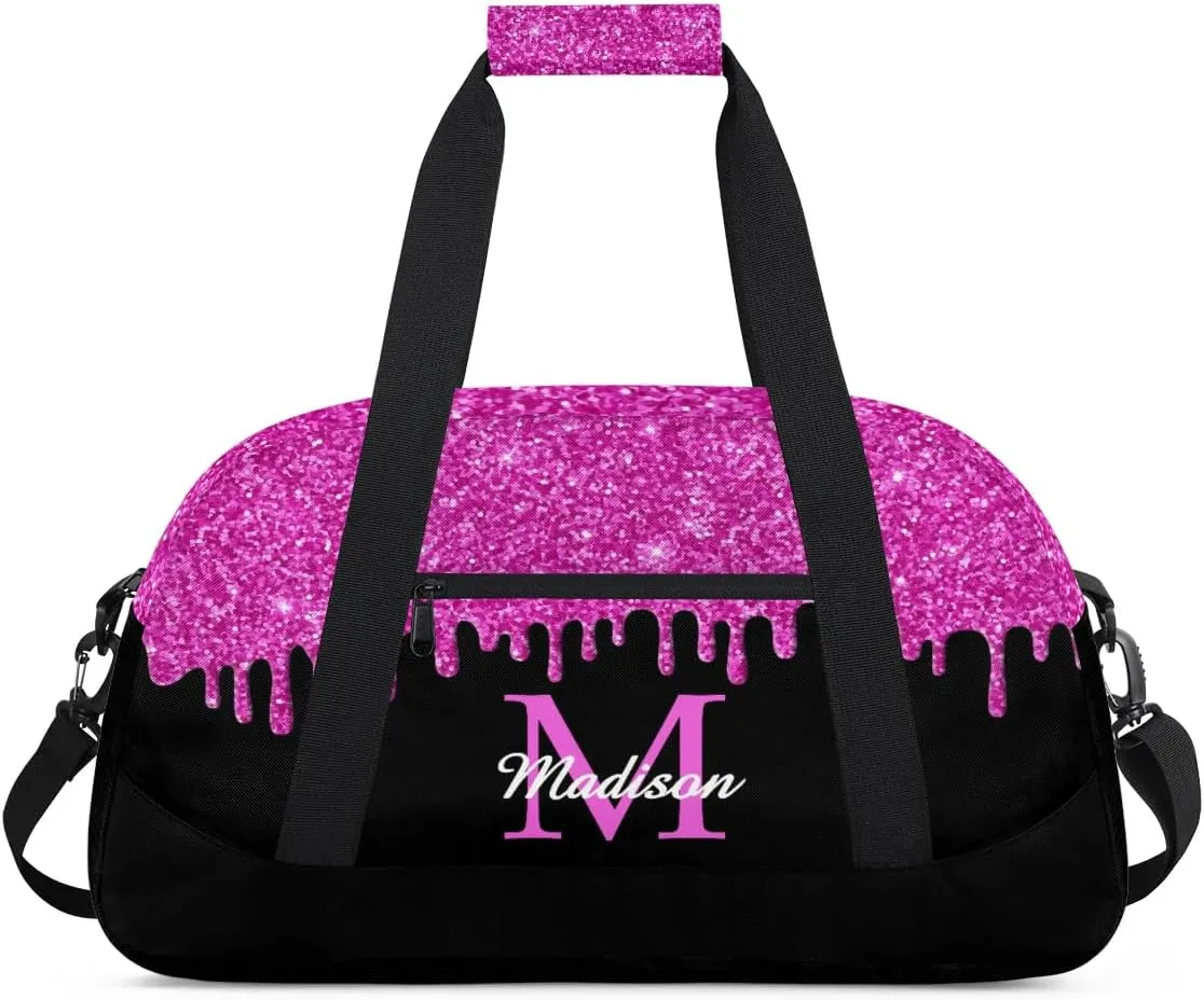 Personalized Sports Duffel Bag with Name Custom Monogrammed Weekender Overnight Bag Letter Initial Gym Bag Travel Dance Gymnastics Duffel Bag, Glitter Pink