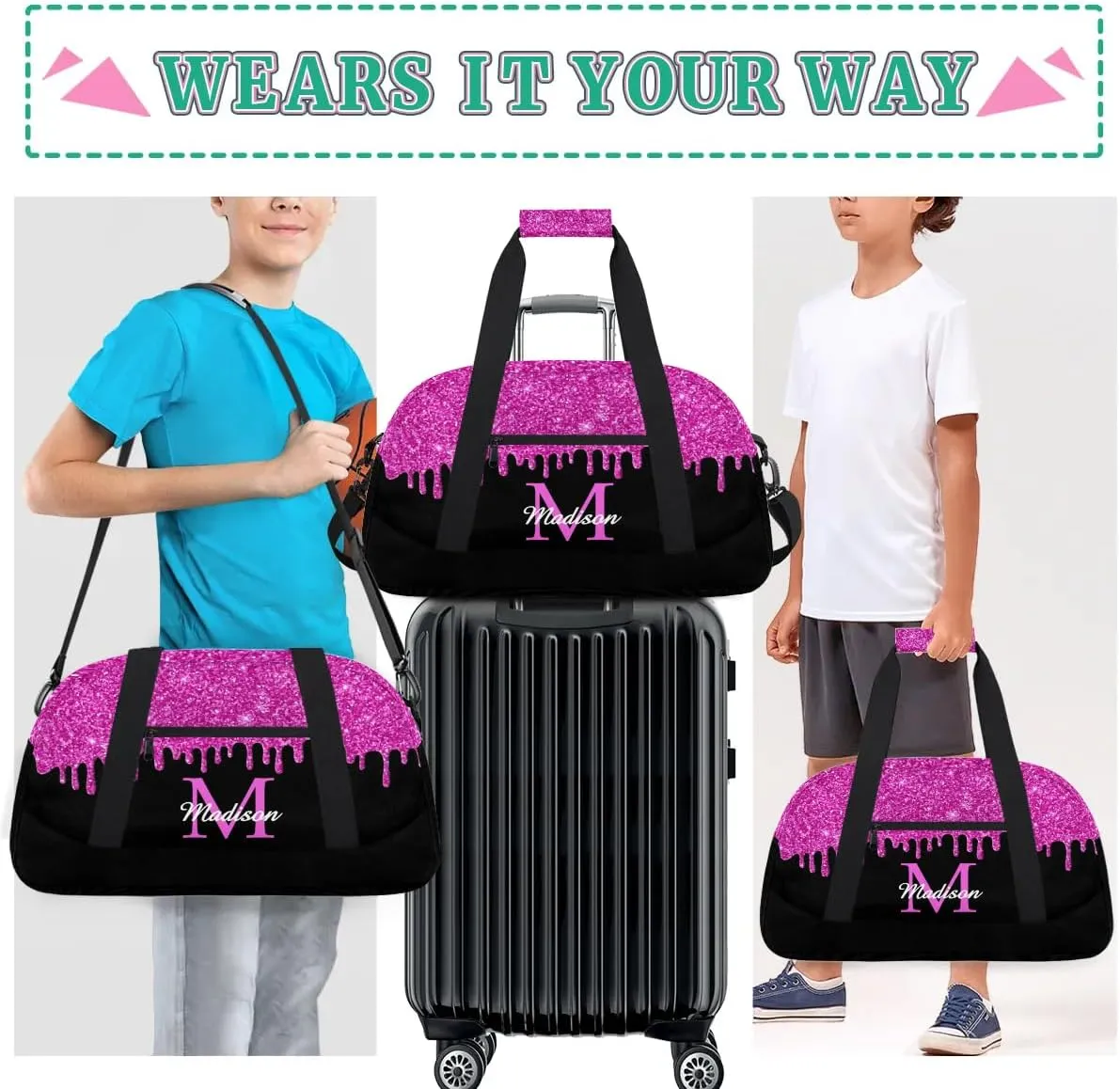 Personalized Sports Duffel Bag with Name Custom Monogrammed Weekender Overnight Bag Letter Initial Gym Bag Travel Dance Gymnastics Duffel Bag, Glitter Pink