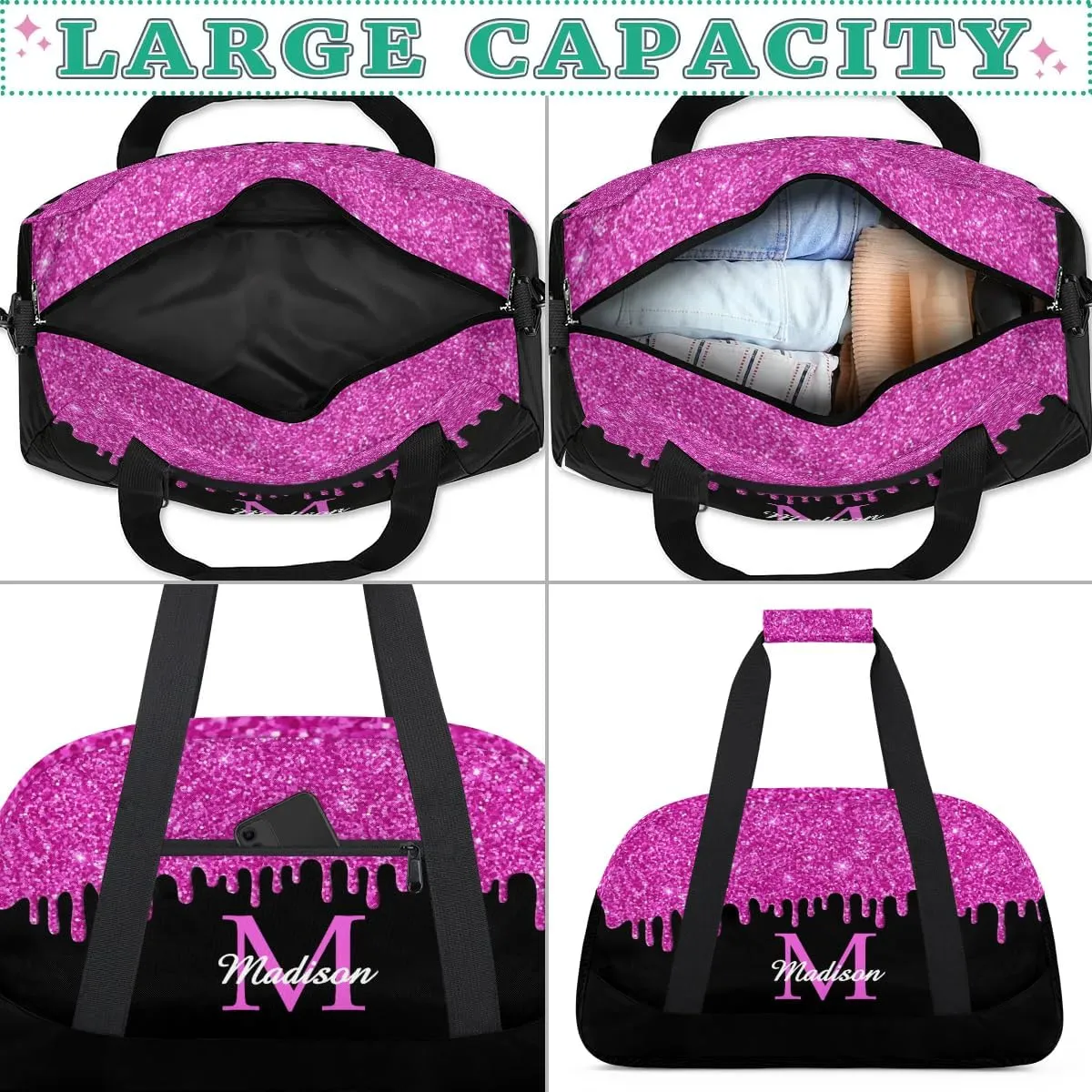Personalized Sports Duffel Bag with Name Custom Monogrammed Weekender Overnight Bag Letter Initial Gym Bag Travel Dance Gymnastics Duffel Bag, Glitter Pink