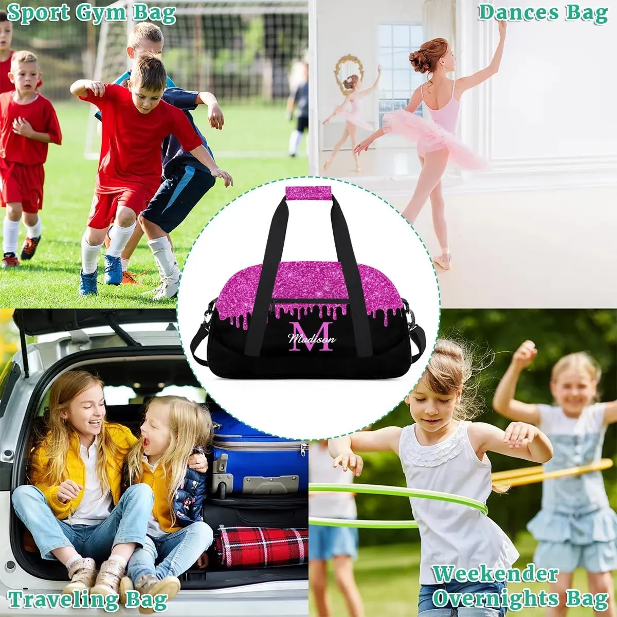 Personalized Sports Duffel Bag with Name Custom Monogrammed Weekender Overnight Bag Letter Initial Gym Bag Travel Dance Gymnastics Duffel Bag, Glitter Pink