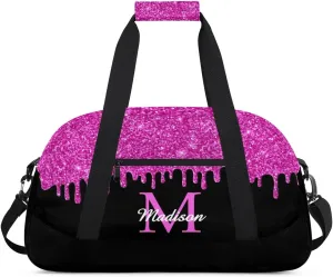 Personalized Sports Duffel Bag with Name Custom Monogrammed Weekender Overnight Bag Letter Initial Gym Bag Travel Dance Gymnastics Duffel Bag, Glitter Pink