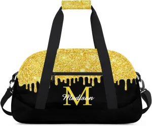Personalized Sports Duffel Bag with Name Custom Monogrammed Weekender Overnight Bag Letter Initial Gym Bag Travel Dance Gymnastics Duffel Bag, Glitter Yellow
