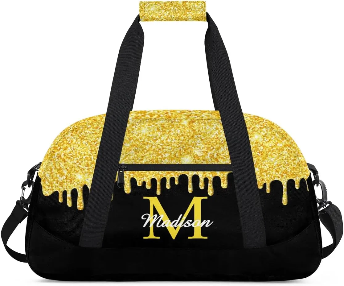 Personalized Sports Duffel Bag with Name Custom Monogrammed Weekender Overnight Bag Letter Initial Gym Bag Travel Dance Gymnastics Duffel Bag, Glitter Yellow