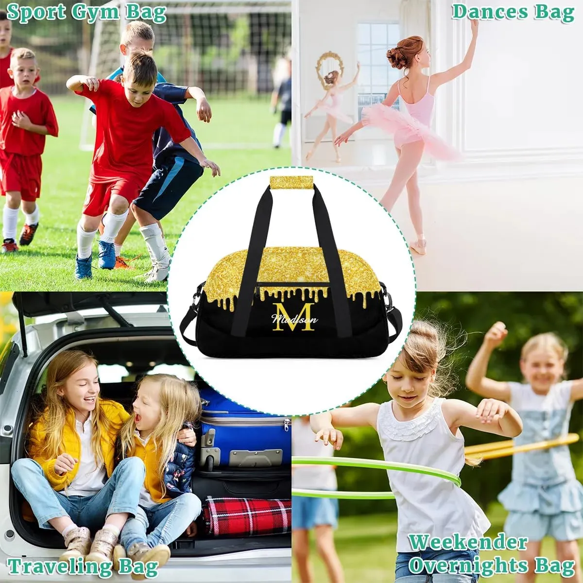 Personalized Sports Duffel Bag with Name Custom Monogrammed Weekender Overnight Bag Letter Initial Gym Bag Travel Dance Gymnastics Duffel Bag, Glitter Yellow