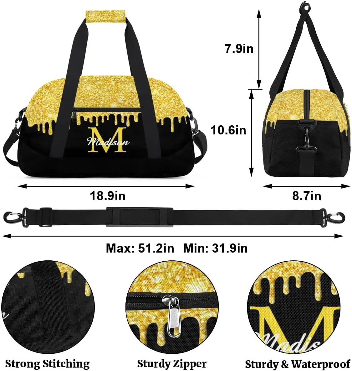Personalized Sports Duffel Bag with Name Custom Monogrammed Weekender Overnight Bag Letter Initial Gym Bag Travel Dance Gymnastics Duffel Bag, Glitter Yellow