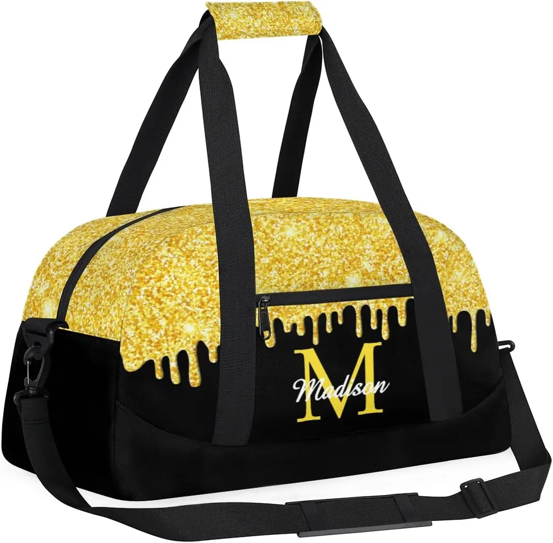 Personalized Sports Duffel Bag with Name Custom Monogrammed Weekender Overnight Bag Letter Initial Gym Bag Travel Dance Gymnastics Duffel Bag, Glitter Yellow
