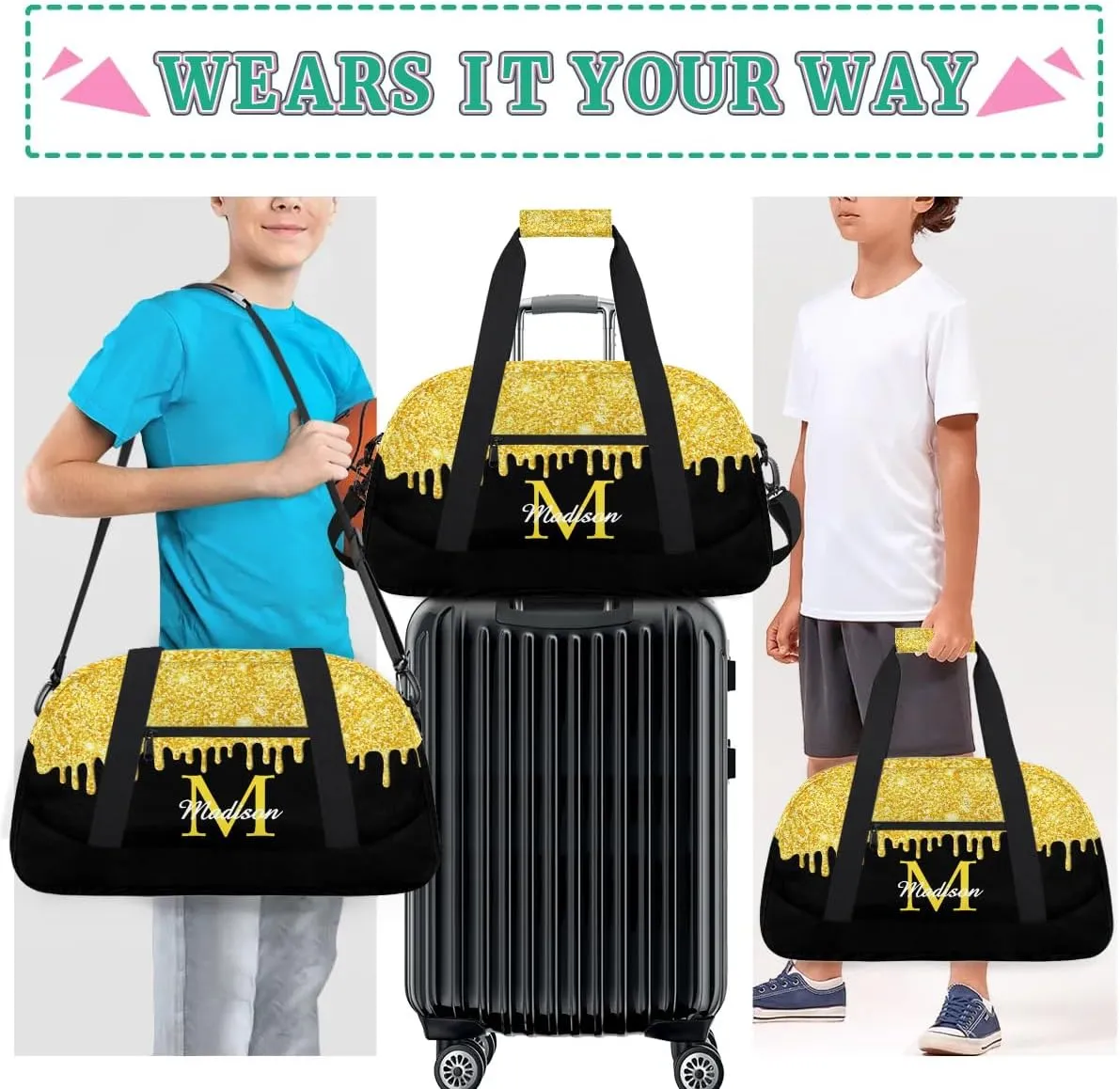Personalized Sports Duffel Bag with Name Custom Monogrammed Weekender Overnight Bag Letter Initial Gym Bag Travel Dance Gymnastics Duffel Bag, Glitter Yellow