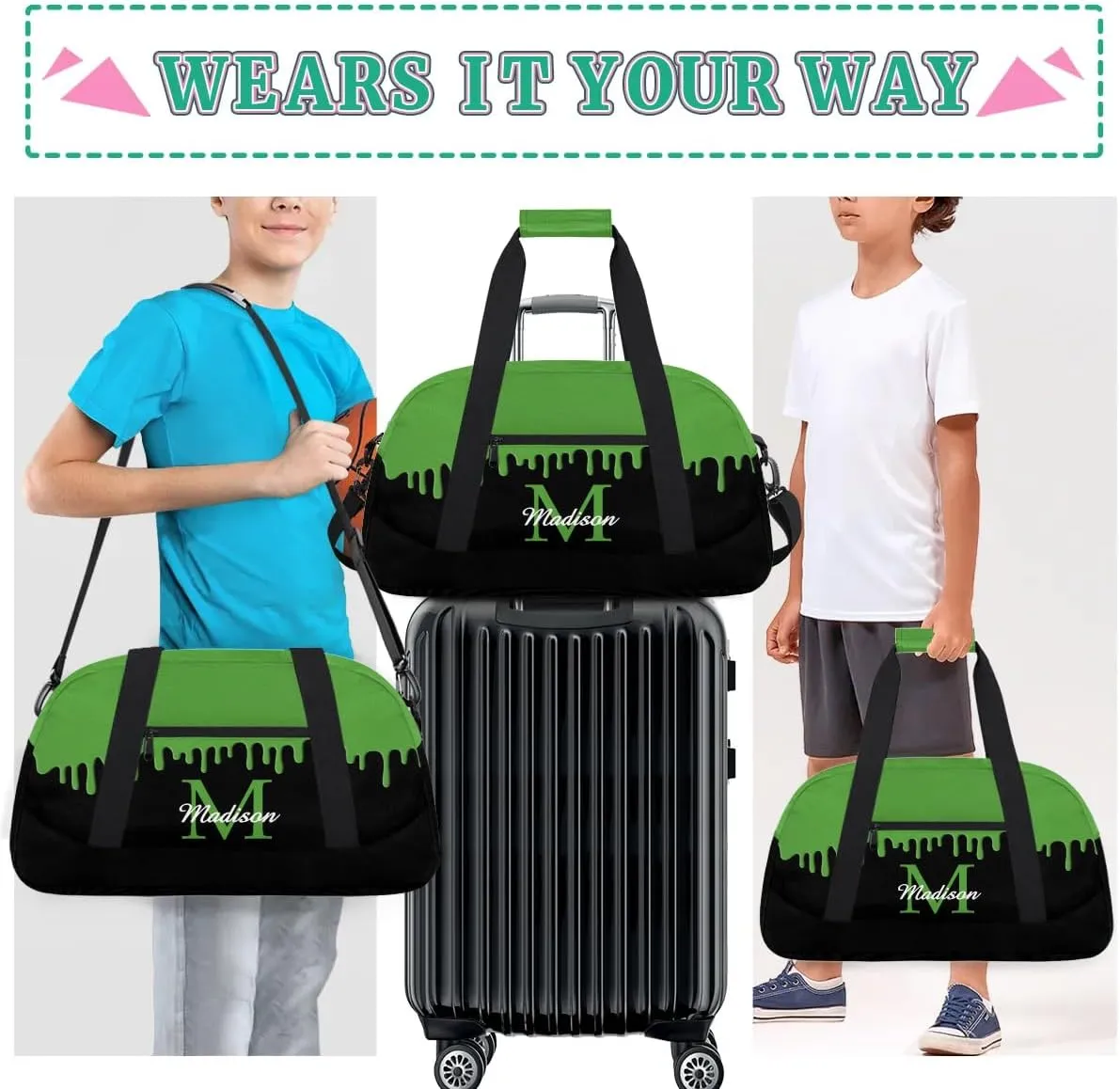Personalized Sports Duffel Bag with Name Custom Monogrammed Weekender Overnight Bag Letter Initial Gym Bag Travel Dance Gymnastics Duffel Bag, Green