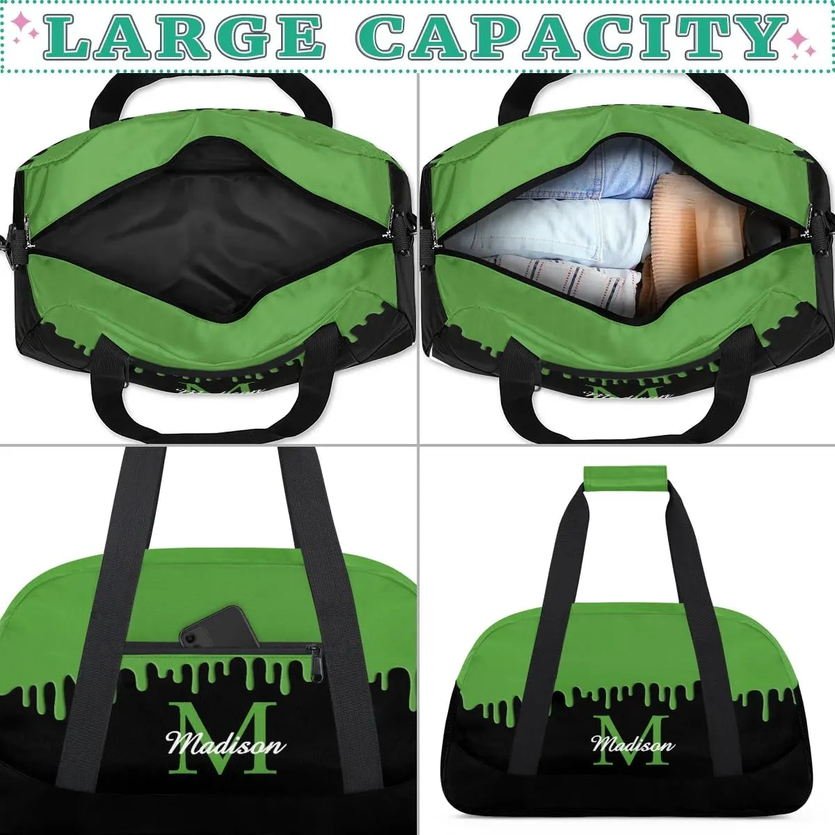 Personalized Sports Duffel Bag with Name Custom Monogrammed Weekender Overnight Bag Letter Initial Gym Bag Travel Dance Gymnastics Duffel Bag, Green