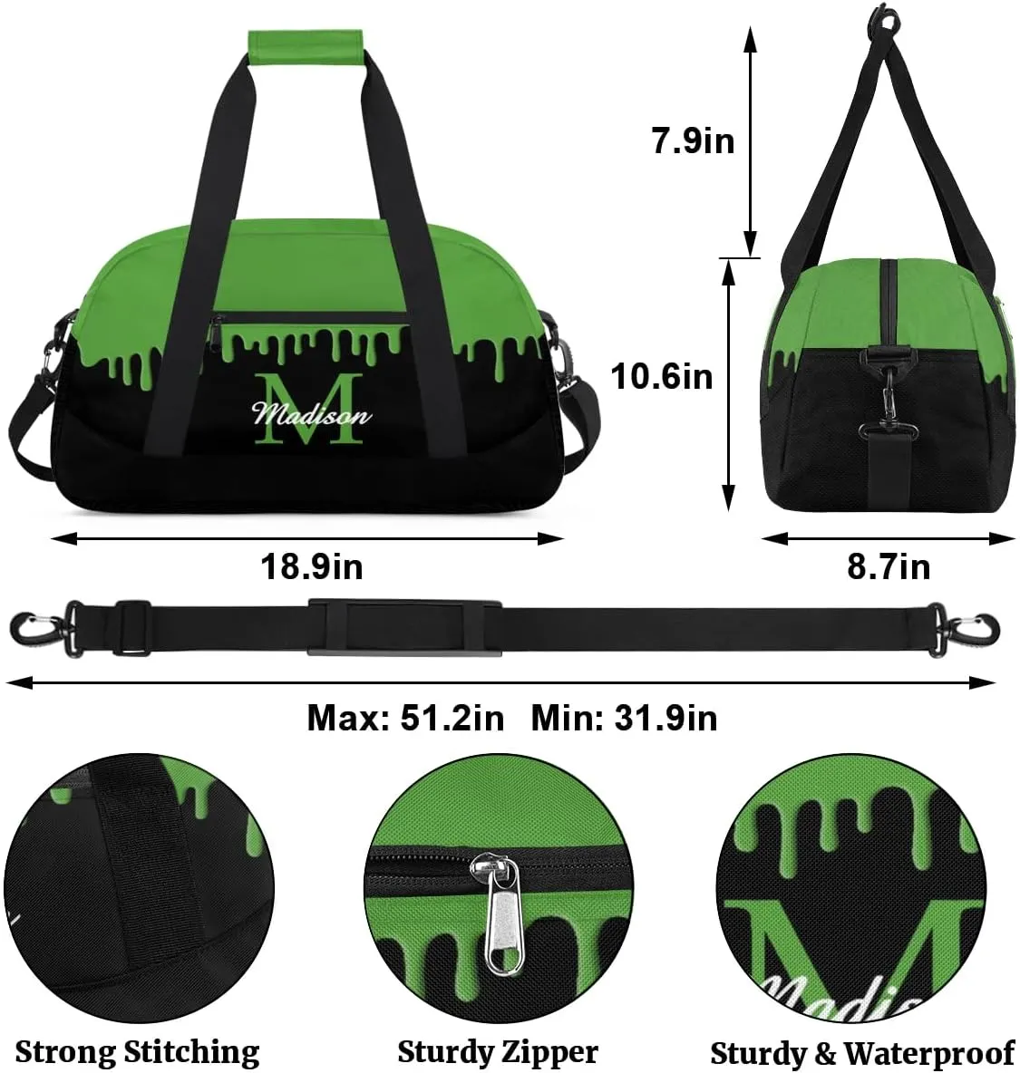 Personalized Sports Duffel Bag with Name Custom Monogrammed Weekender Overnight Bag Letter Initial Gym Bag Travel Dance Gymnastics Duffel Bag, Green