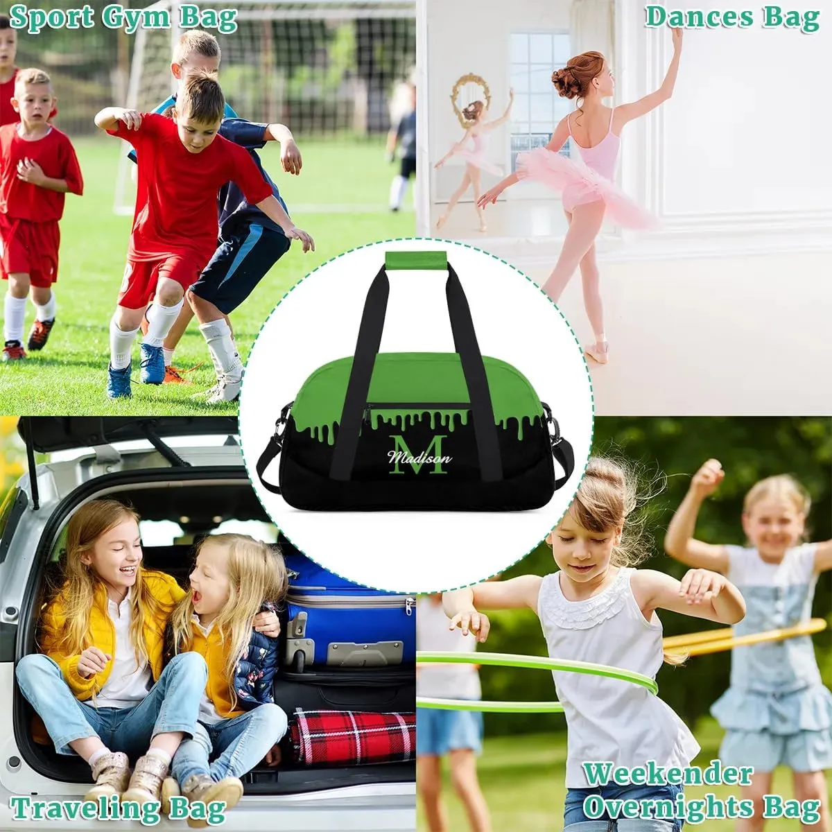 Personalized Sports Duffel Bag with Name Custom Monogrammed Weekender Overnight Bag Letter Initial Gym Bag Travel Dance Gymnastics Duffel Bag, Green