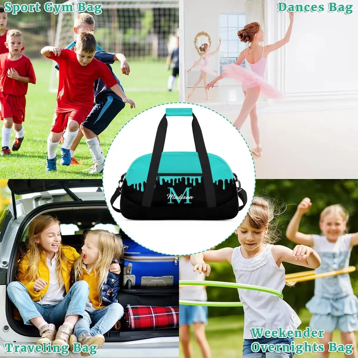 Personalized Sports Duffel Bag with Name Custom Monogrammed Weekender Overnight Bag Letter Initial Gym Bag Travel Dance Gymnastics Duffel Bag, Peacock Green