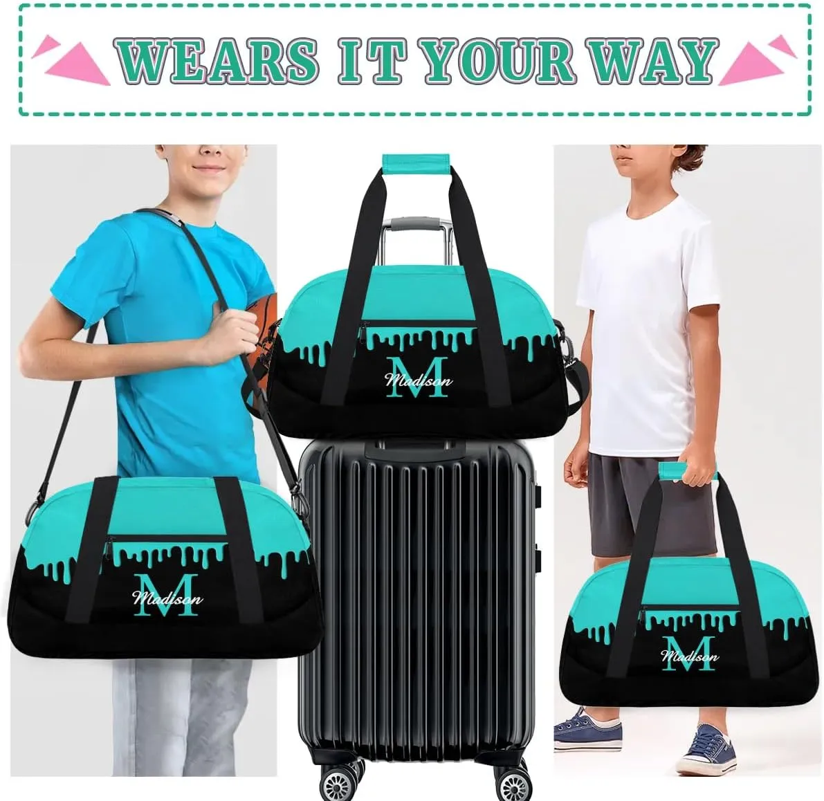 Personalized Sports Duffel Bag with Name Custom Monogrammed Weekender Overnight Bag Letter Initial Gym Bag Travel Dance Gymnastics Duffel Bag, Peacock Green
