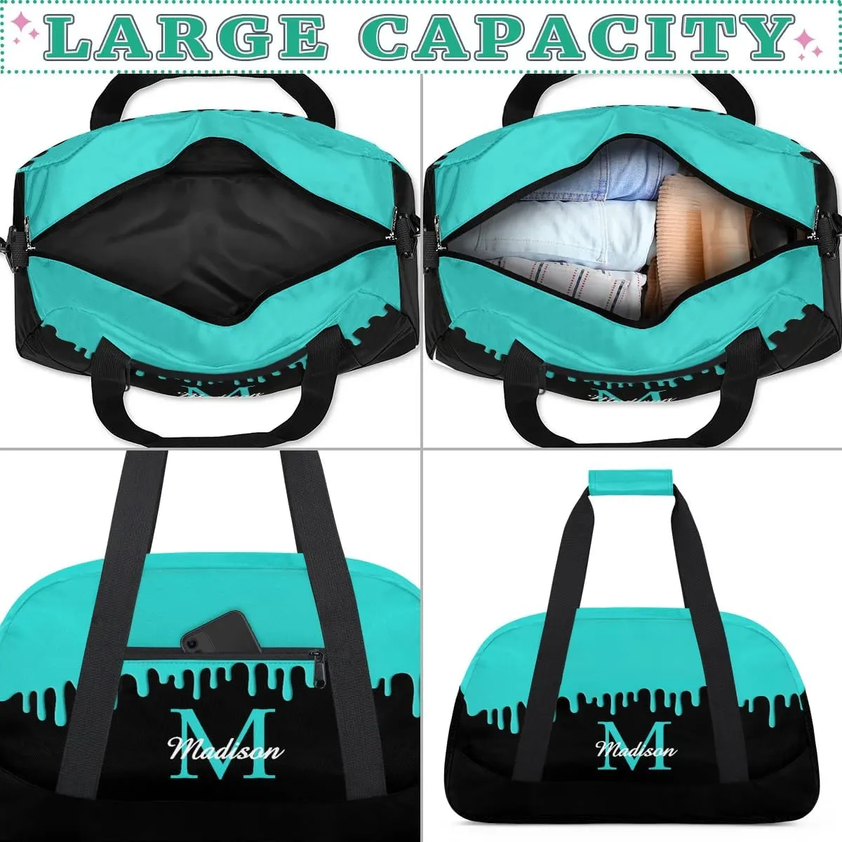 Personalized Sports Duffel Bag with Name Custom Monogrammed Weekender Overnight Bag Letter Initial Gym Bag Travel Dance Gymnastics Duffel Bag, Peacock Green