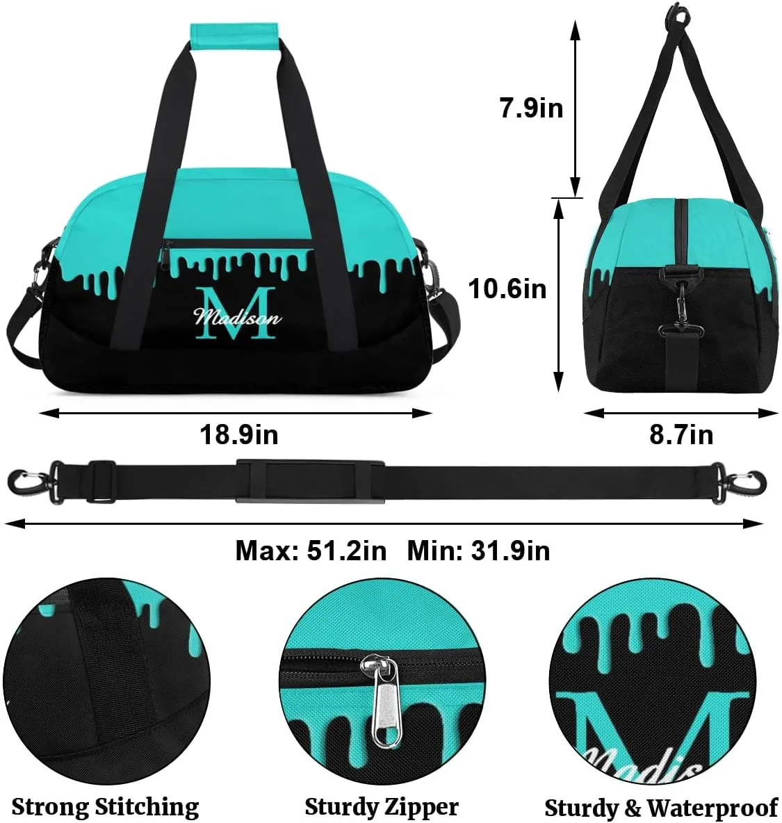 Personalized Sports Duffel Bag with Name Custom Monogrammed Weekender Overnight Bag Letter Initial Gym Bag Travel Dance Gymnastics Duffel Bag, Peacock Green
