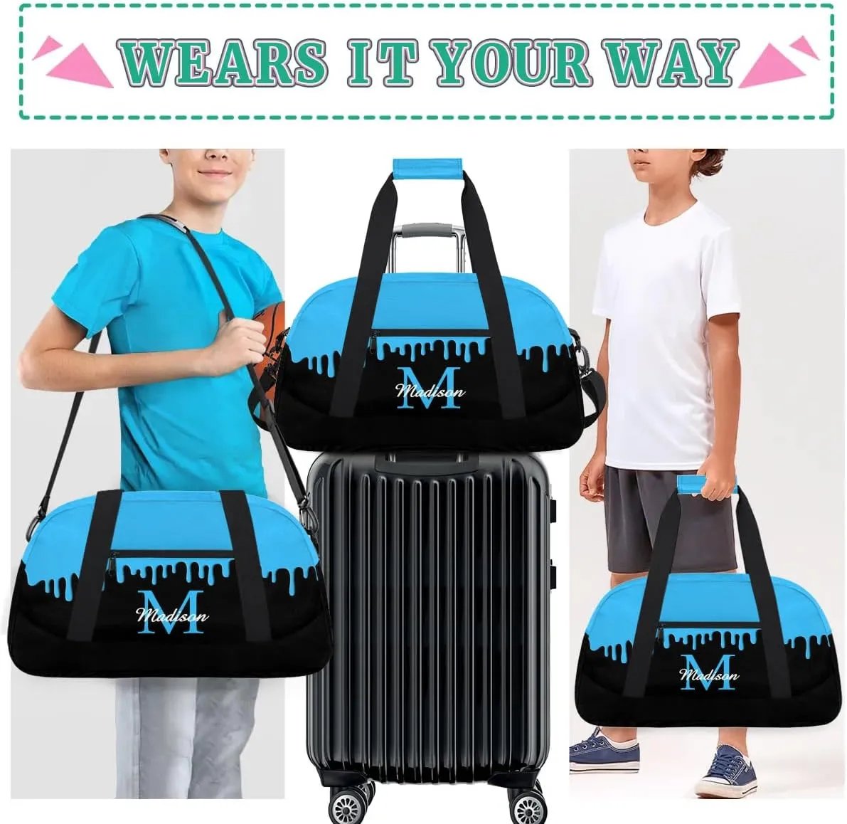 Personalized Sports Duffel Bag with Name Custom Monogrammed Weekender Overnight Bag Letter Initial Gym Bag Travel Dance Gymnastics Duffel Bags, Blue