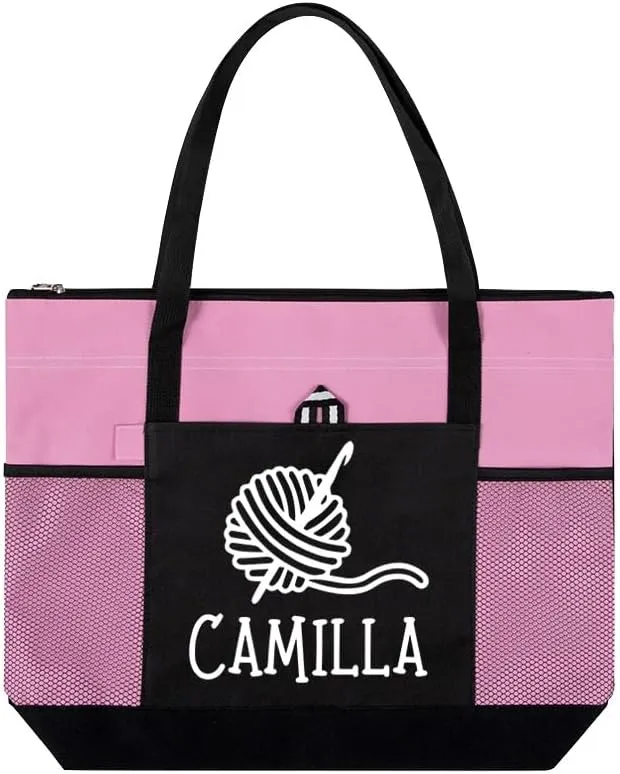 Personalized Tote Bag for Women Canvas Crochet Design Custom Name Tote Bags Birthday Gifts For Her Mother Grandma 19.7×3.9×13.4INCH 6 Colors