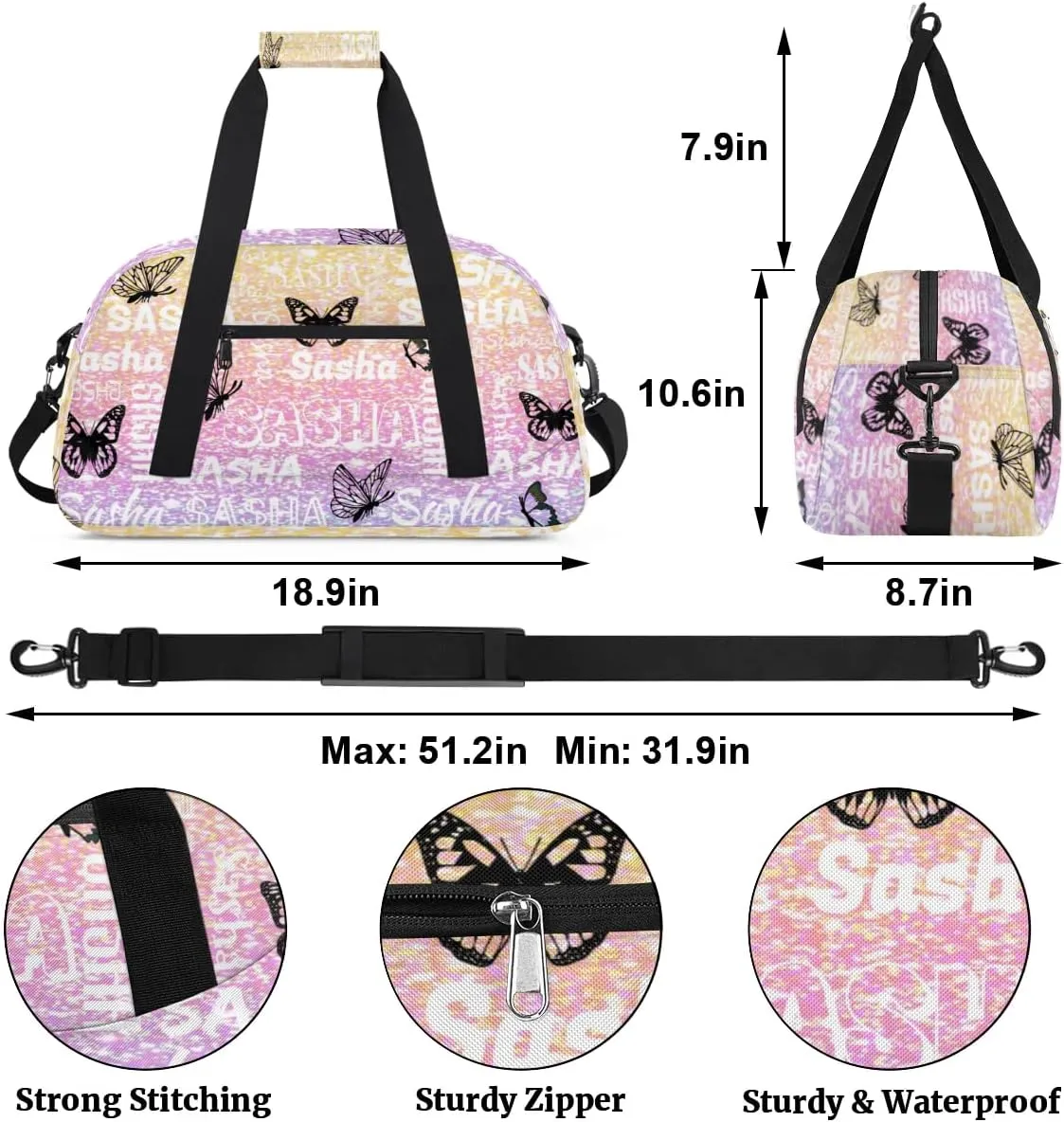 Personalized Travel Duffel Bags Custom Gifts for Women Custom Sport Duffel Bag with Name, Butterfly Print Overnight Carry-On Bag Weekender Bags, Glitter
