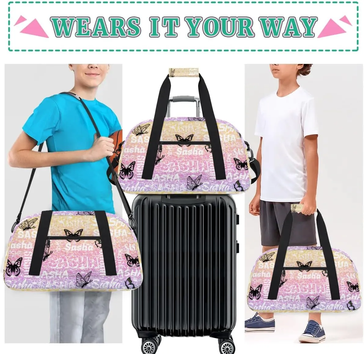 Personalized Travel Duffel Bags Custom Gifts for Women Custom Sport Duffel Bag with Name, Butterfly Print Overnight Carry-On Bag Weekender Bags, Glitter