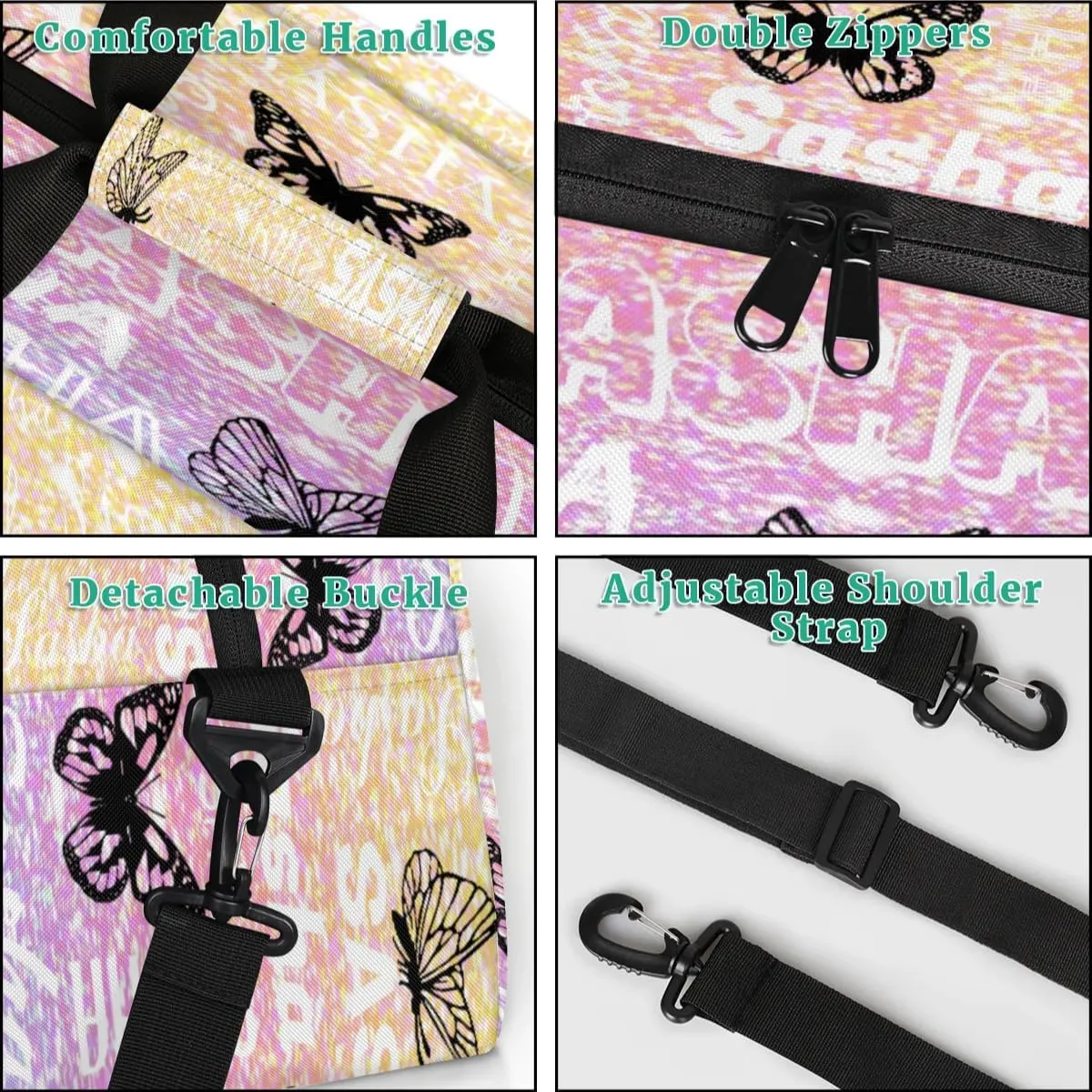 Personalized Travel Duffel Bags Custom Gifts for Women Custom Sport Duffel Bag with Name, Butterfly Print Overnight Carry-On Bag Weekender Bags, Glitter