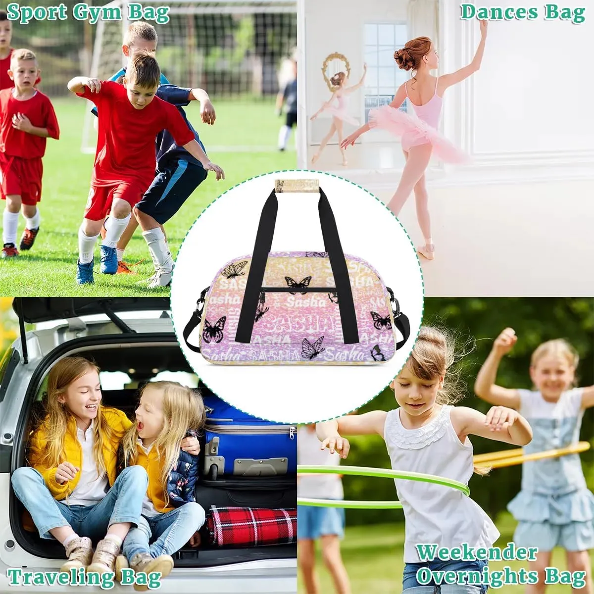 Personalized Travel Duffel Bags Custom Gifts for Women Custom Sport Duffel Bag with Name, Butterfly Print Overnight Carry-On Bag Weekender Bags, Glitter