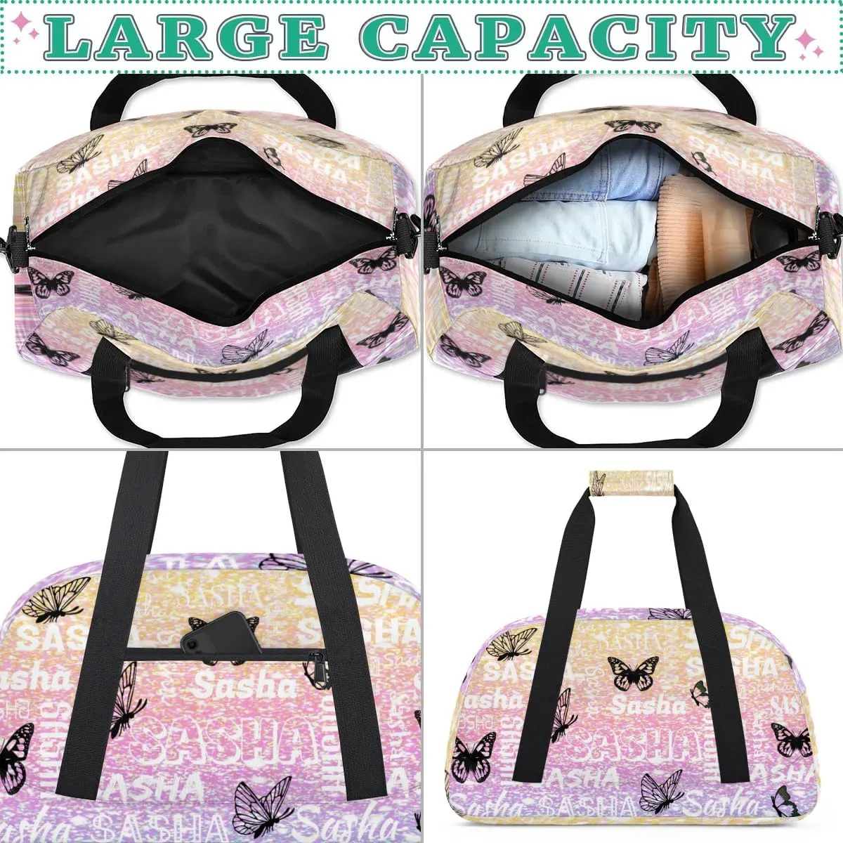 Personalized Travel Duffel Bags Custom Gifts for Women Custom Sport Duffel Bag with Name, Butterfly Print Overnight Carry-On Bag Weekender Bags, Glitter