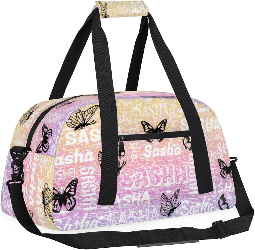 Personalized Travel Duffel Bags Custom Gifts for Women Custom Sport Duffel Bag with Name, Butterfly Print Overnight Carry-On Bag Weekender Bags, Glitter