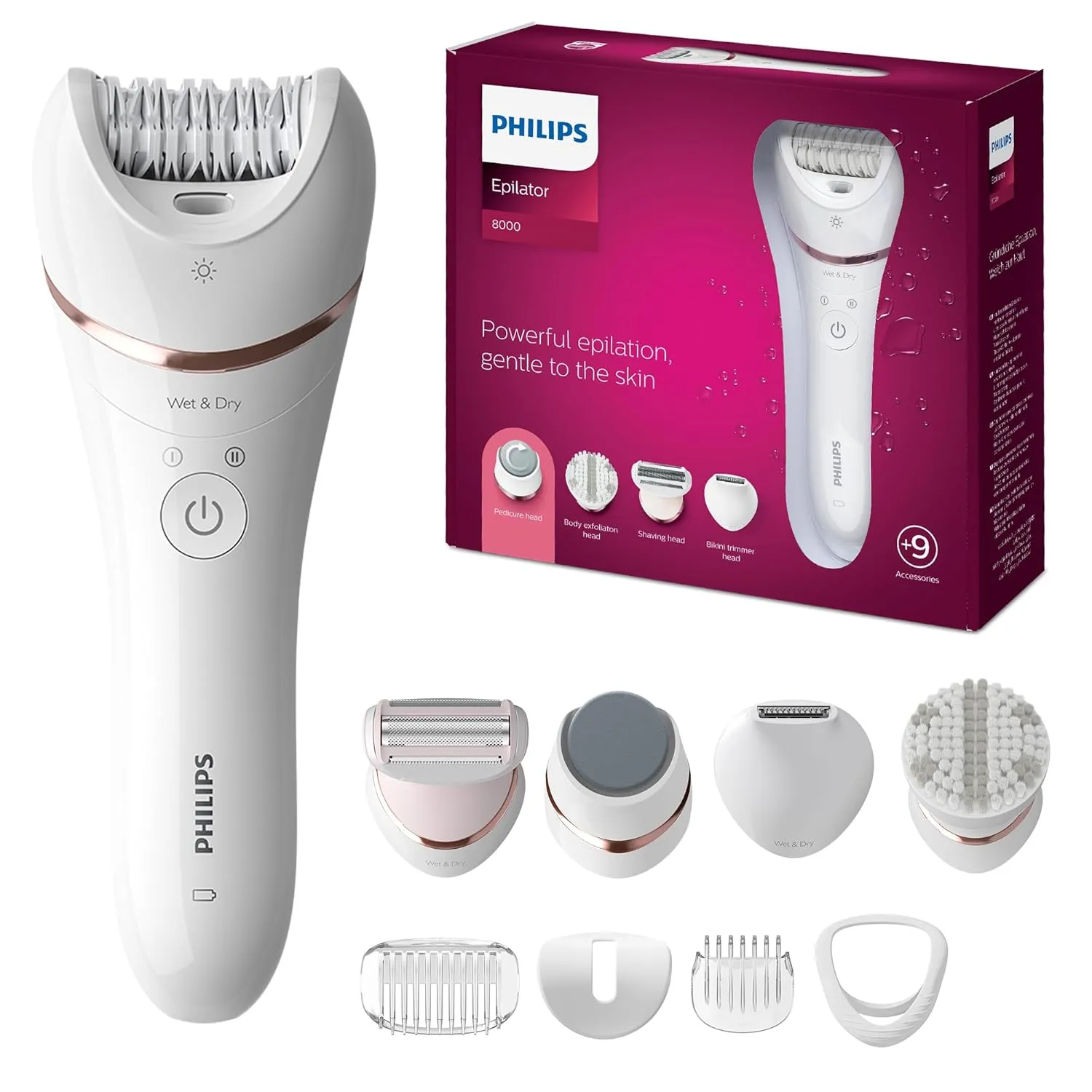 Philips Beauty Epilator Series 8000 5 in 1 Shaver for Women, Trimmer, Pedicure & Body Exfoliator   9 Accessories, BRE740/14