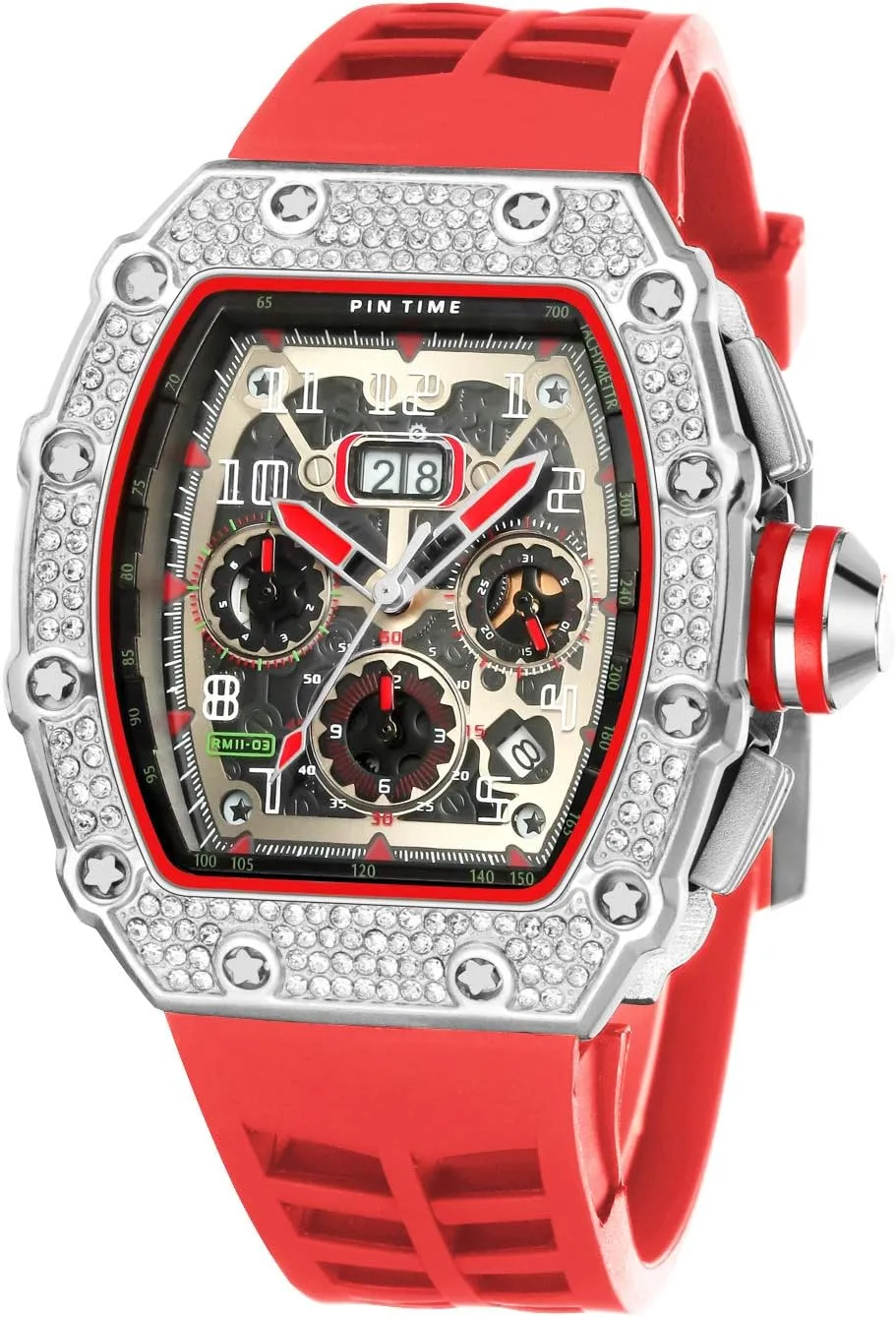 PINTIME Mens Bling Punk Chronograph Watch Iced Out Diamond Designer Watch Unique Fashion Style Quartz Sports Wristwatch Silicone Leather Band