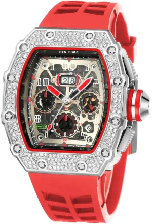 PINTIME Mens Bling Punk Chronograph Watch Iced Out Diamond Designer Watch Unique Fashion Style Quartz Sports Wristwatch Silicone Leather Band