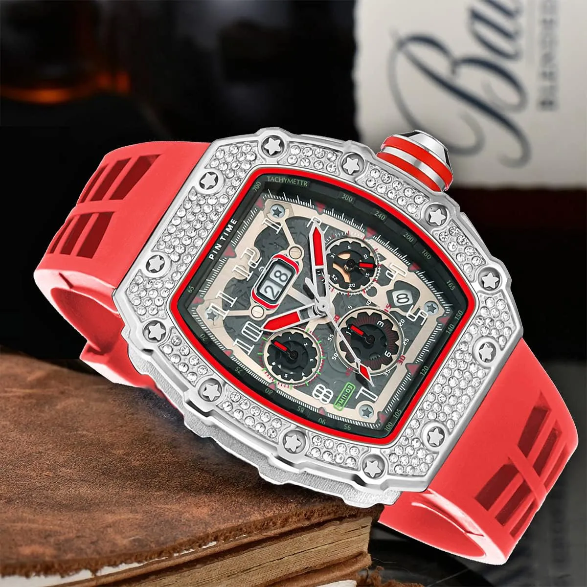 PINTIME Mens Bling Punk Chronograph Watch Iced Out Diamond Designer Watch Unique Fashion Style Quartz Sports Wristwatch Silicone Leather Band
