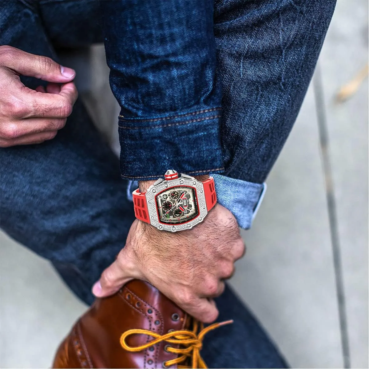 PINTIME Mens Bling Punk Chronograph Watch Iced Out Diamond Designer Watch Unique Fashion Style Quartz Sports Wristwatch Silicone Leather Band