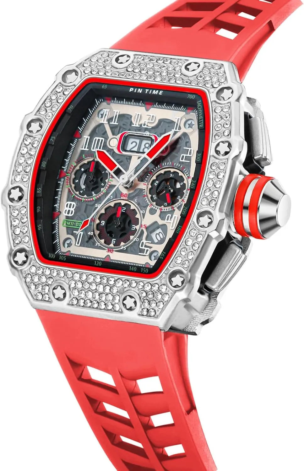 PINTIME Mens Bling Punk Chronograph Watch Iced Out Diamond Designer Watch Unique Fashion Style Quartz Sports Wristwatch Silicone Leather Band