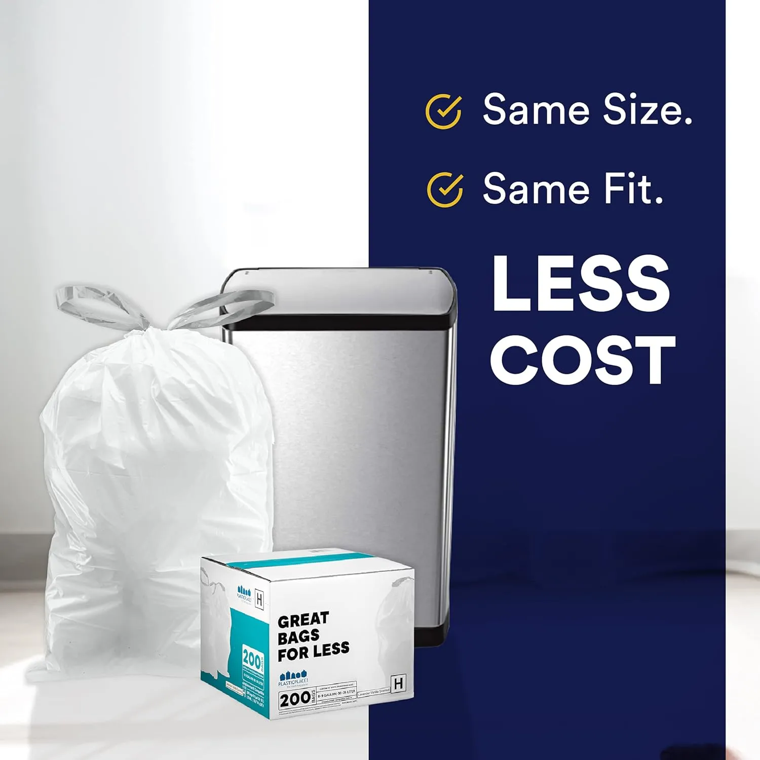 Plasticplace Custom Fit Trash Bags, Compatible with simplehuman Code K (50 Count) White Drawstring Garbage Liners 10 Gallon / 38 Liters 24" x 28"