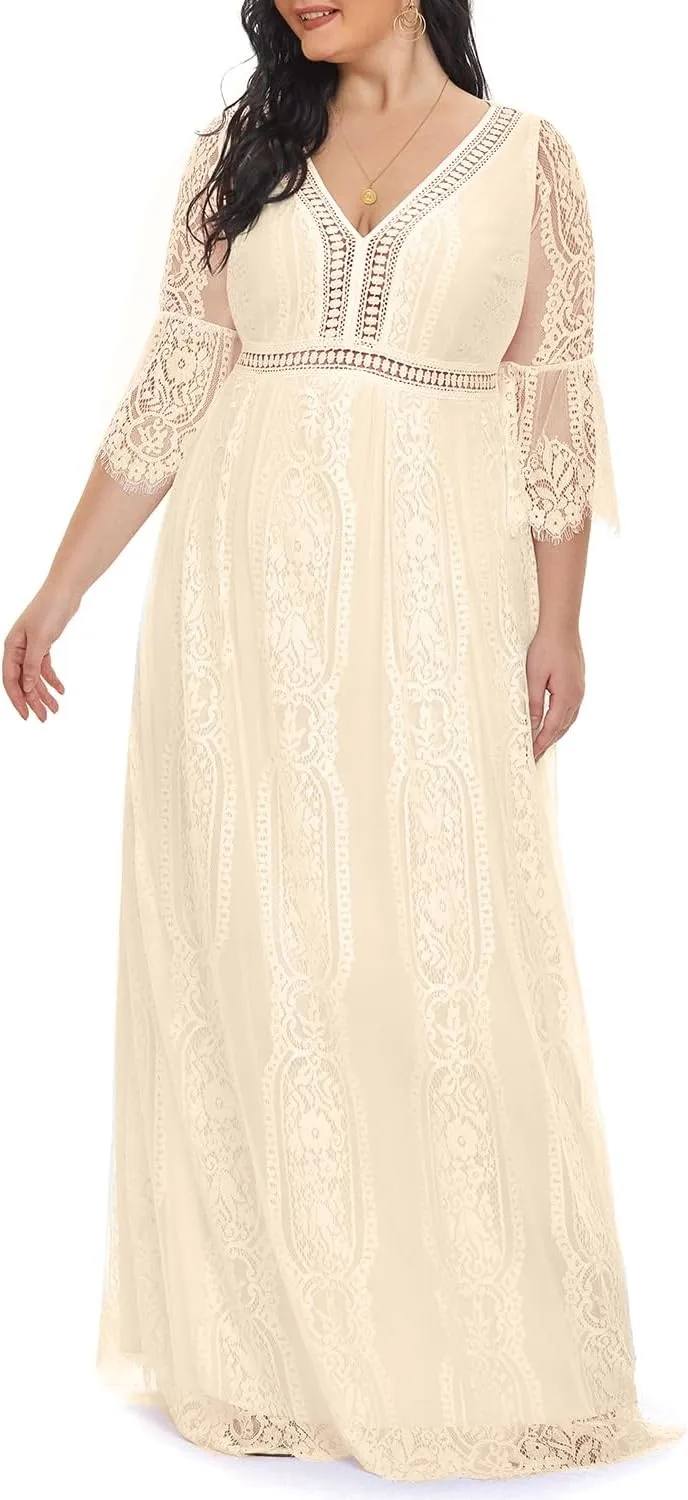 Plus Size Wedding Dress Boho - Maxi Bridal Shower Bohemian Formal Lace Long Dresses