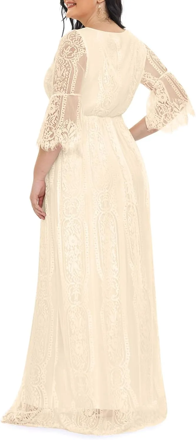 Plus Size Wedding Dress Boho - Maxi Bridal Shower Bohemian Formal Lace Long Dresses