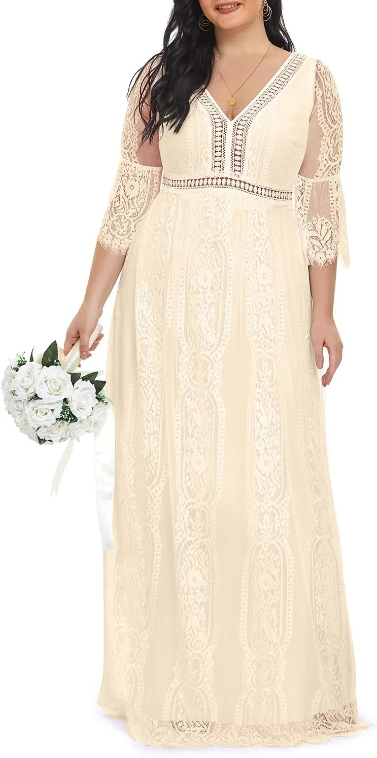 Plus Size Wedding Dress Boho - Maxi Bridal Shower Bohemian Formal Lace Long Dresses