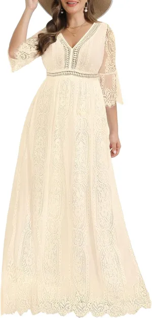 Plus Size Wedding Dress Boho - Maxi Bridal Shower Bohemian Formal Lace Long Dresses