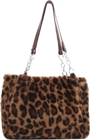Plush Faux Fur Leopard Print Handbag，Y2K Furry Fur Purse，Chain Fuzzy Strap Cheetah Print Shoulder Tote Bag For Women Gift