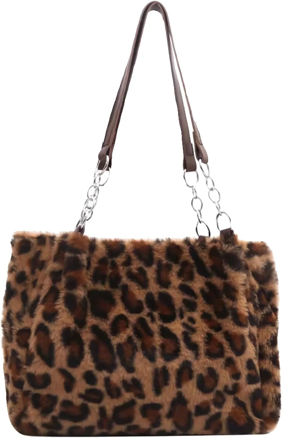 Plush Faux Fur Leopard Print Handbag，Y2K Furry Fur Purse，Chain Fuzzy Strap Cheetah Print Shoulder Tote Bag For Women Gift