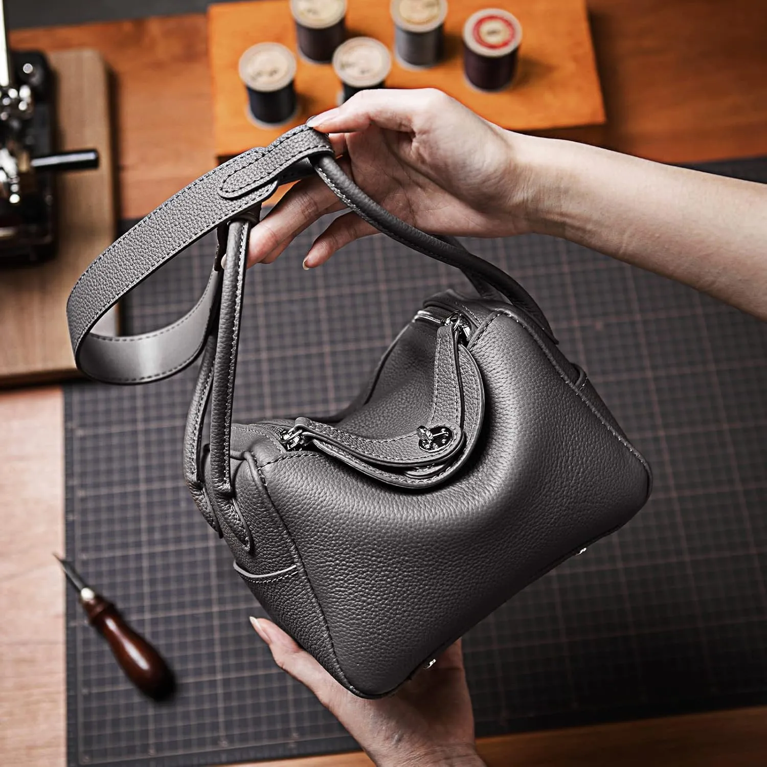 POPSEWING DIY Bag Kit LD Luxury Tote Bags for Women, Unique Gifts for Girlfriend, Romantic Leather Shoulder Bag Kit, DIY Handmade Crossbody Bag for Personalized Gifts (Small, Grey-DIY Kits)