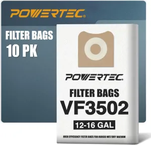 POWERTEC 23743 VF3502 Size A Shop Vacuum Bags for Ridgid 10 Pack, 12-16 Gal. Vacuum Bags for Ridgid HD1200, HD1400 Wet Dry Vac (75002-P5V)