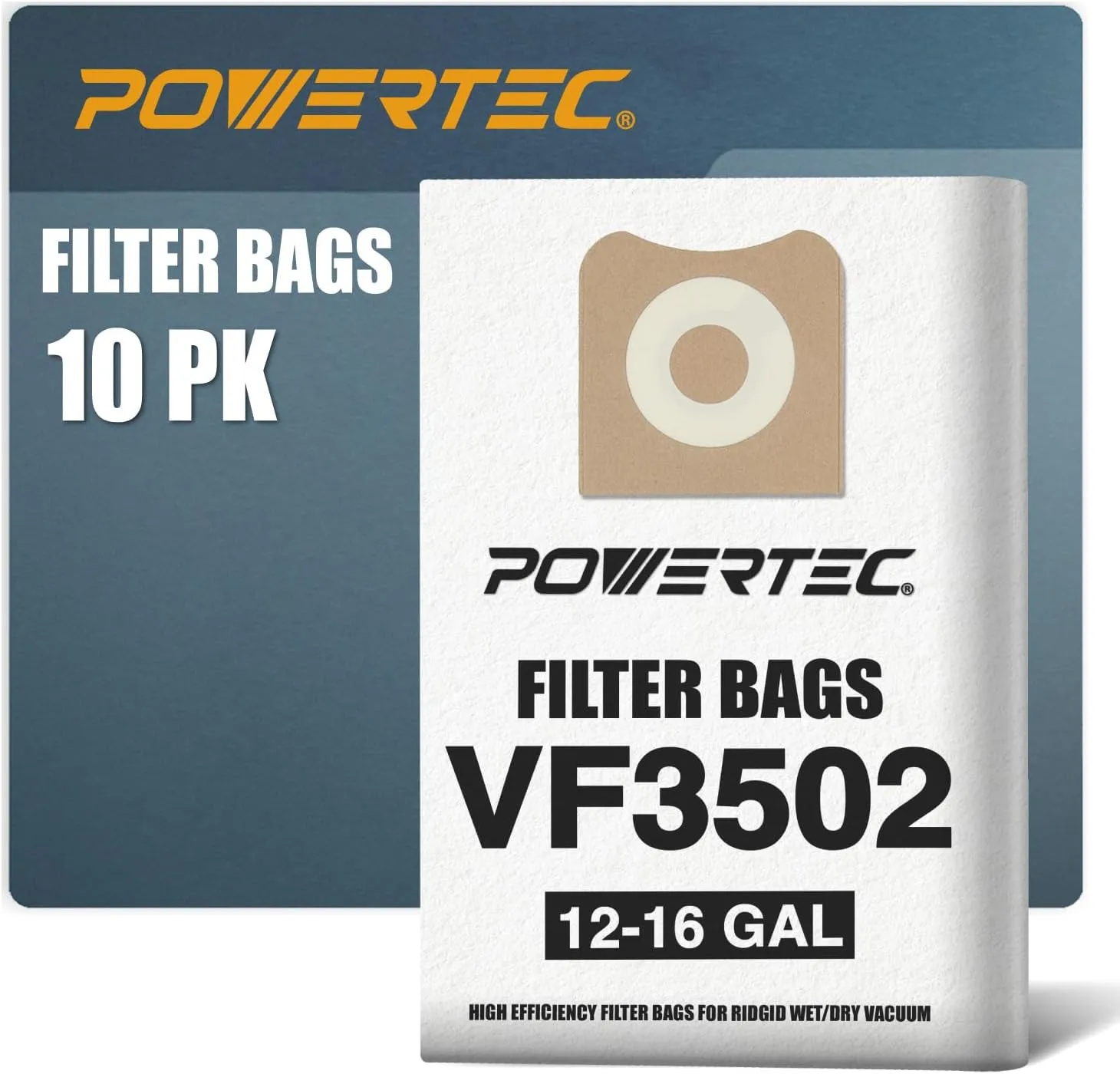 POWERTEC 23743 VF3502 Size A Shop Vacuum Bags for Ridgid 10 Pack, 12-16 Gal. Vacuum Bags for Ridgid HD1200, HD1400 Wet Dry Vac (75002-P5V)