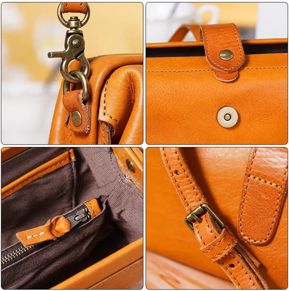 Premium Leather Retro Handmade Doctor Bag,Dr bag - retro handmade bag,Crossbody Unique Opening Small Vintage Phone Purse Handbags for Women (Yellow)