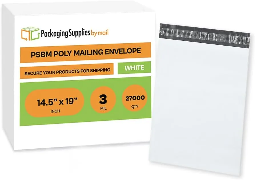 PSBM White Poly Mailers 14.5x19 Inch 27000 Pack Shipping Bags for Clothing, Sturdy Shipping Envelopes, Strong Self Seal Mailing Bags for Small Business, Poly Bags for Small Businessess