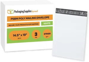 PSBM White Poly Mailers 14.5x19 Inch 27000 Pack Shipping Bags for Clothing, Sturdy Shipping Envelopes, Strong Self Seal Mailing Bags for Small Business, Poly Bags for Small Businessess