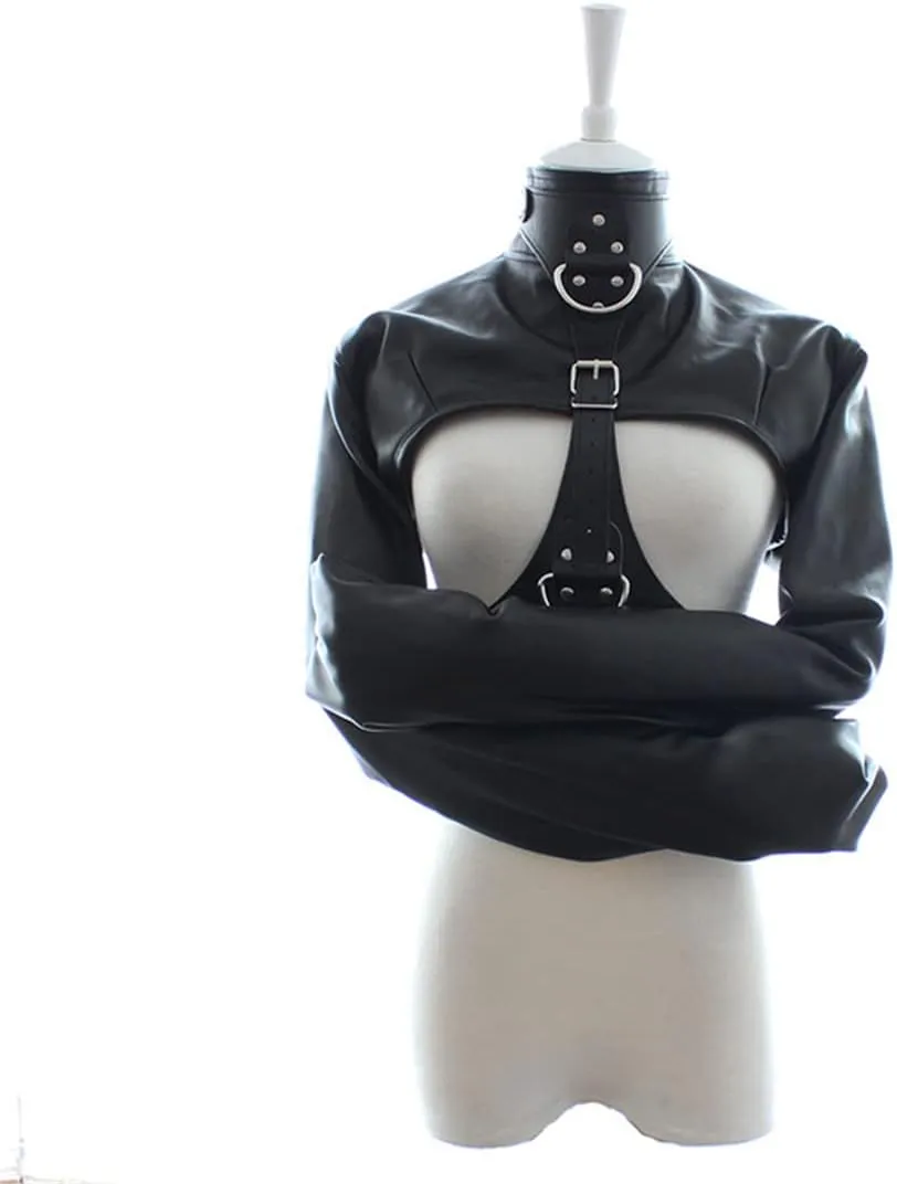 PU Leather Straight Jacket Sports Armor, Soft Hand Cross Arm Guard Sleeve, Adjustable Halloween Novelty Fancy Costume Performance Jackets (Black)