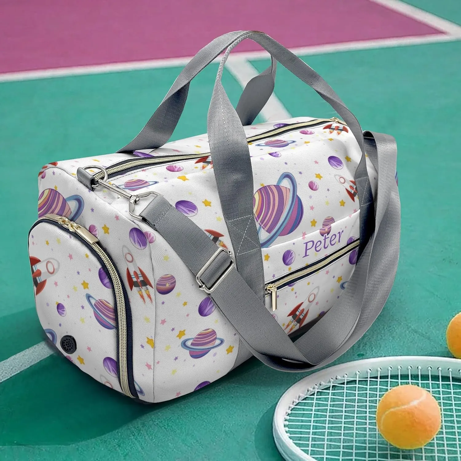 Purple Planet Space Rocket Personalized Duffel Bag with Name Custom Travel Bag for Woman Men Sports Gym Dance Bags Wet Dry Pockets Shoes Compartment Overnight Weekend Bag