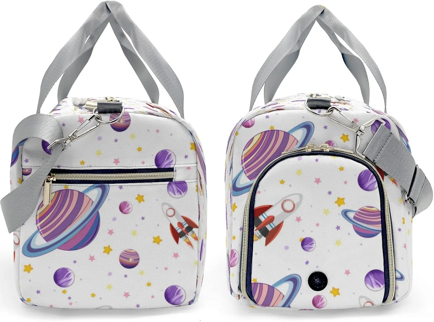 Purple Planet Space Rocket Personalized Duffel Bag with Name Custom Travel Bag for Woman Men Sports Gym Dance Bags Wet Dry Pockets Shoes Compartment Overnight Weekend Bag