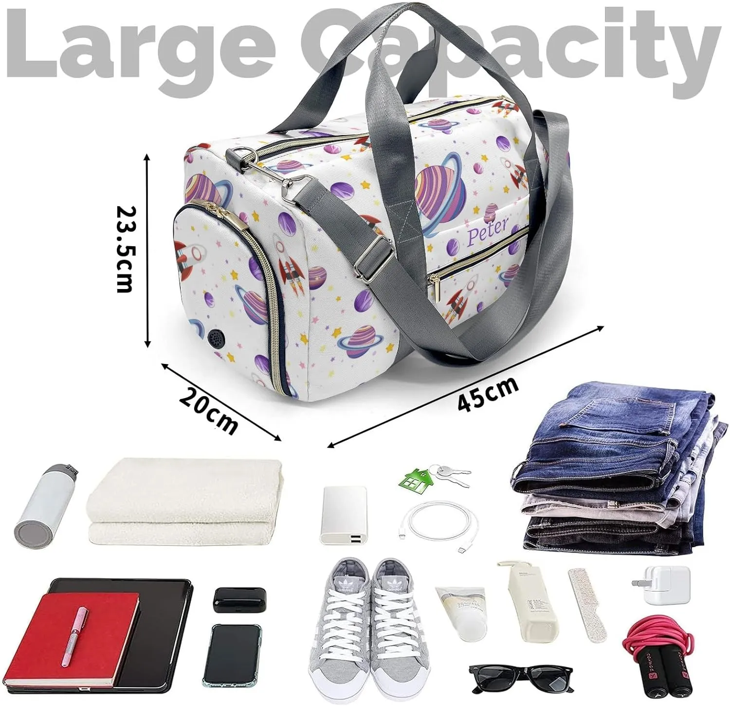 Purple Planet Space Rocket Personalized Duffel Bag with Name Custom Travel Bag for Woman Men Sports Gym Dance Bags Wet Dry Pockets Shoes Compartment Overnight Weekend Bag
